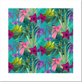 Elegant tropical flowers and leaves pattern purple illustration, blue tropical pattern over a Posters and Art